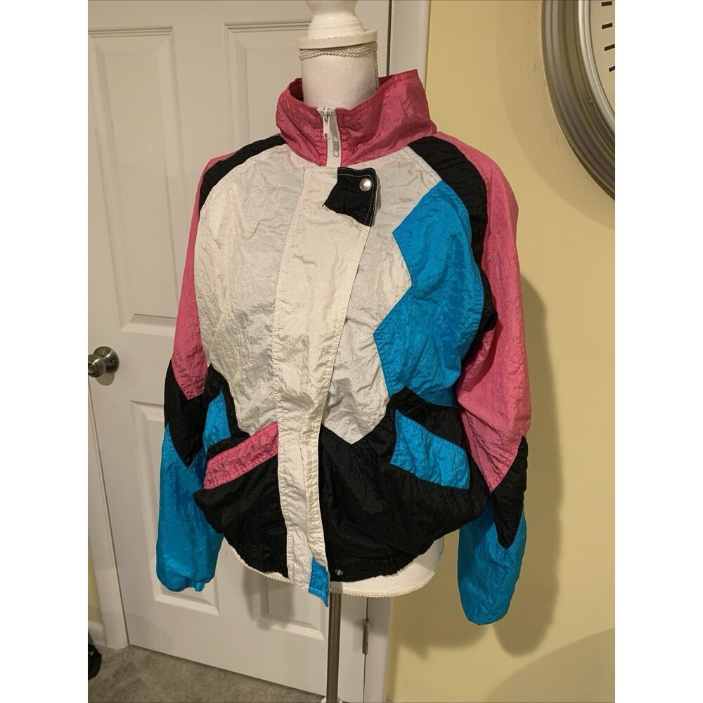 VINTAGE Casual Club Women’s Sz L Colorblock Nylon Track Jacket Padded Shoulders